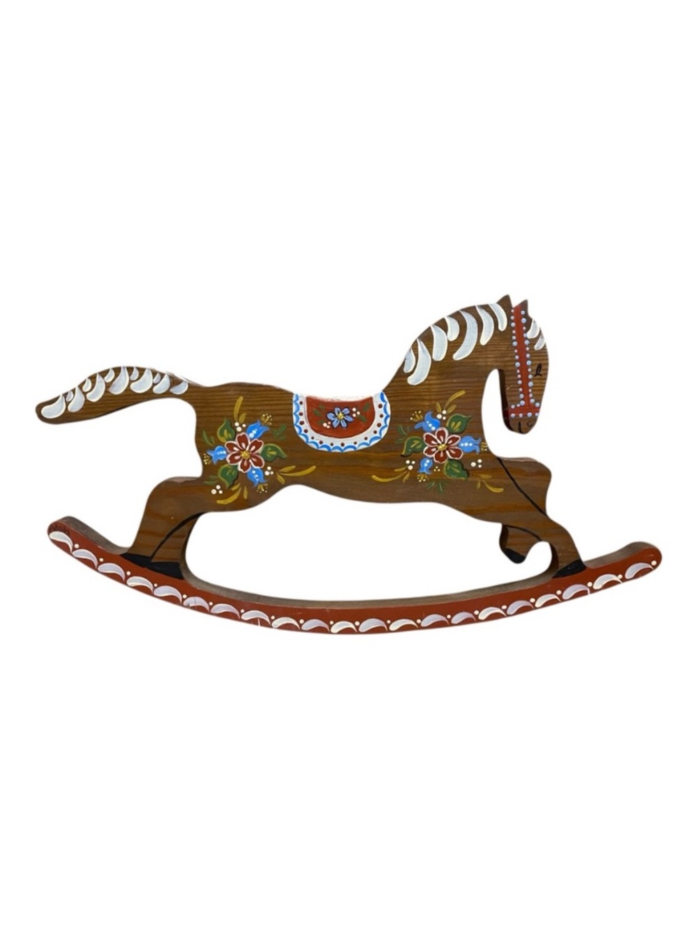 Vintage Folk Art Flower Painted Wooden Horse Hanging Signed Adah